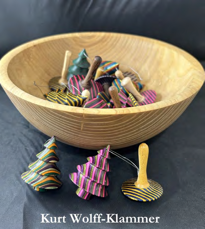 Bowl with small turned ornaments by Kurt Wolff-Klammer from the August 2025 Chicago Woodturners newsletter archive